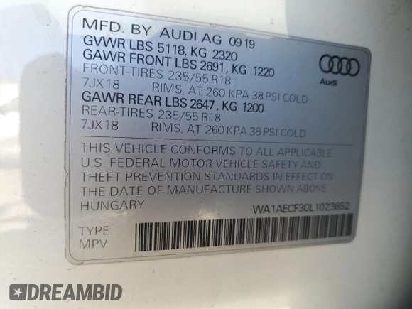 2020 Audi Q3 Premium with VIN WA1AECF30L1023652, listed as a Copart auction lot 57148915 with 69,621 mi miles and Salvage title. Bid and sale history available at DreamBid. Image 13.