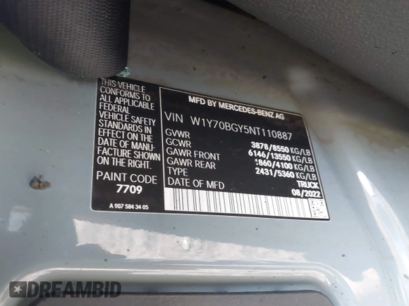 2022 Mercedes-Benz Sprinter Cargo with VIN W1Y70BGY5NT110887, listed as a IAAI auction lot 41441291 with Not Provided miles and . Bid and sale history available at DreamBid. Image 9.
