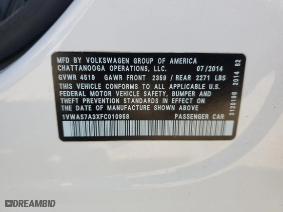 2015 Volkswagen Passat 1.8T Limited Edition with VIN 1VWAS7A3XFC010958, listed as a Copart auction lot 87392214 with 115,159 mi miles and Salvage Title. Bid and sale history available at carsss.com. Image 14.