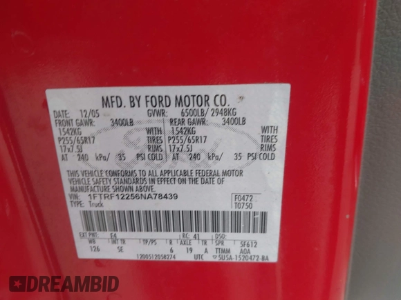 2006 Ford F-150 XL with VIN 1FTRF12256NA78439, listed as a IAAI auction lot 42495585 with 206,235 mi miles and . Bid and sale history available at DreamBid. Image 9.