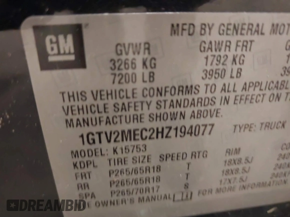 2017 GMC Sierra 1500 SLE z VIN 1GTV2MEC2HZ194077, wystawiony jako IAAI lot #41509400 z przebiegiem Nie podano mil oraz . Historia ofert i sprzedaży dostępna na DreamBid. Obrazek 9.