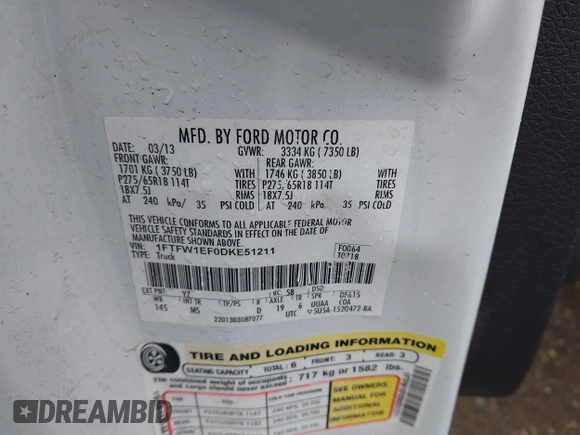 2013 Ford F-150 XL with VIN 1FTFW1EF0DKE51211, listed as a IAAI auction lot 42302562 with Not provided miles and . Bid and sale history available at DreamBid. Image 9.