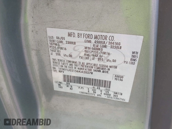 2006 Ford Escape XLT with VIN 1FMYU03156KA20278, listed as a IAAI auction lot 42544907 with 282,534 mi miles and . Bid and sale history available at DreamBid. Image 9.