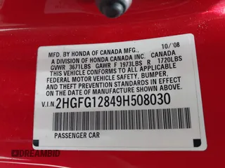 2009 Honda Civic EX with VIN 2HGFG12849H508030, listed as a IAAI auction lot 42004108 with 196,010 mi miles and . Bid and sale history available at DreamBid. Image 9.
