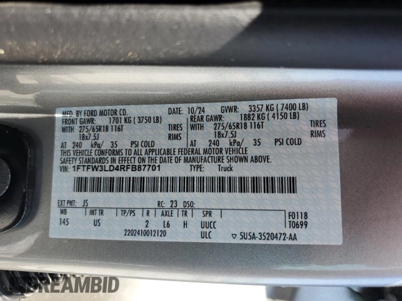 2024 Ford F-150 XLT with VIN 1FTFW3LD4RFB87701, listed as a Copart auction lot 48955865 with 1,203 mi miles and Salvage Title. Bid and sale history available at DreamBid. Image 12.