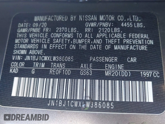 2020 Nissan Rogue Sport SL with VIN JN1BJ1CWXLW386085, listed as a IAAI auction lot 41573909 with 60,167 mi miles. Bid and sale history available at carsss.com. Image 9.