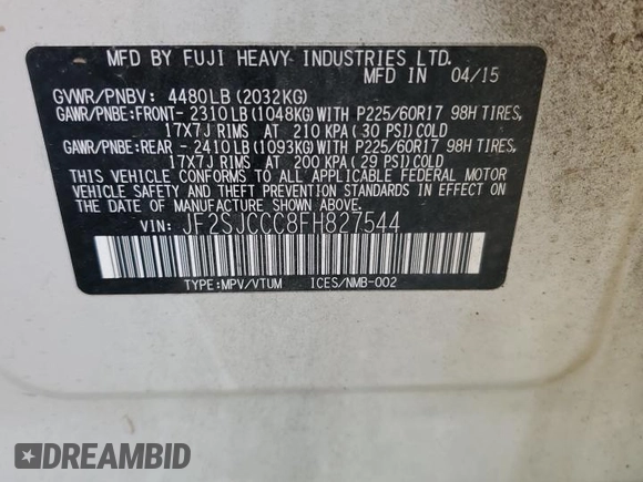 2015 Subaru Forester 2.5i Premium with VIN JF2SJCCC8FH827544, listed as a Copart auction lot 61656673 with Not Provided miles. Bid and sale history available at carsss.com. Image 13.