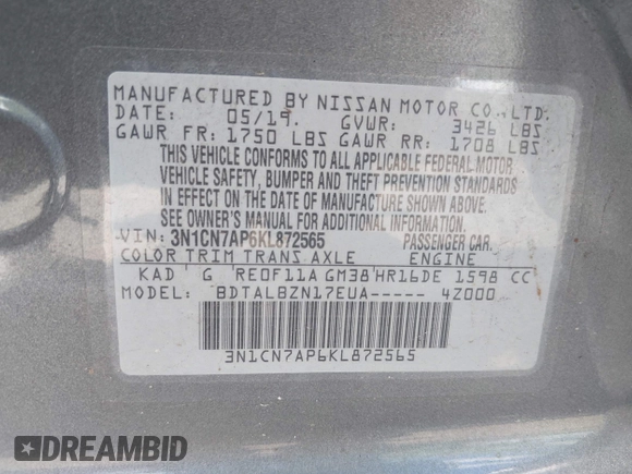 2019 Nissan Versa SV with VIN 3N1CN7AP6KL872565, listed as a IAAI auction lot 42194591 with 86,504 mi miles and . Bid and sale history available at DreamBid. Image 9.