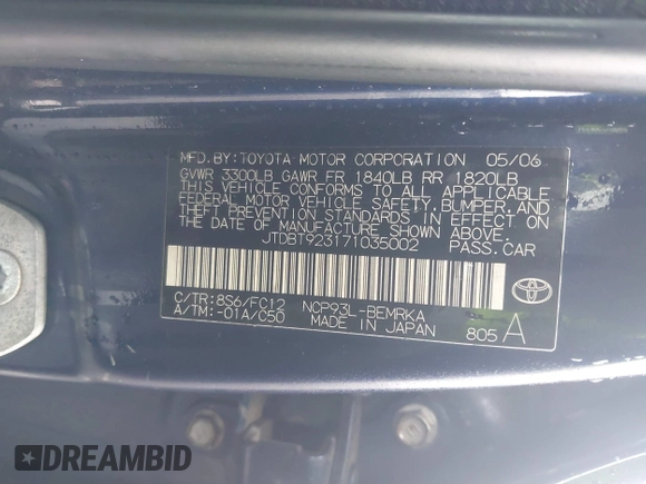 2007 Toyota Yaris with VIN JTDBT923171035002, listed as a IAAI auction lot 41810423 with 252,669 mi miles. Bid and sale history available at carsss.com. Image 9.