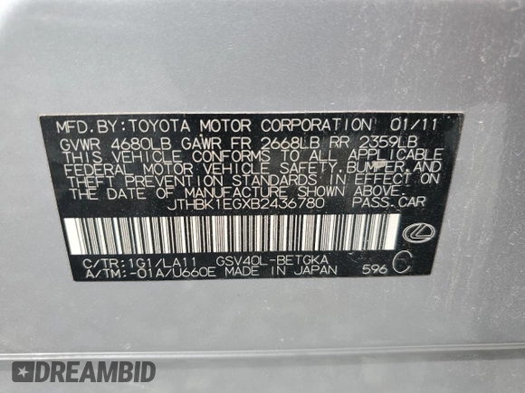 2011 Lexus ES with VIN JTHBK1EGXB2436780, listed as a Copart auction lot 51069105 with 93,924 mi miles and Salvage Title. Bid and sale history available at carsss.com. Image 12.