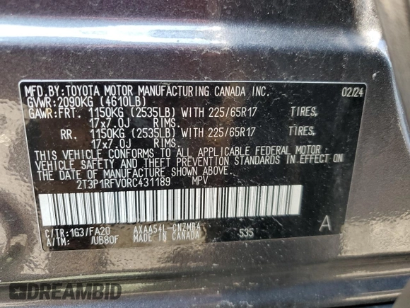 2024 Toyota RAV4 XLE with VIN 2T3P1RFV0RC431189, listed as a Copart auction lot 64742685 with 26,934 mi miles and Clean title. Bid and sale history available at DreamBid. Image 14.