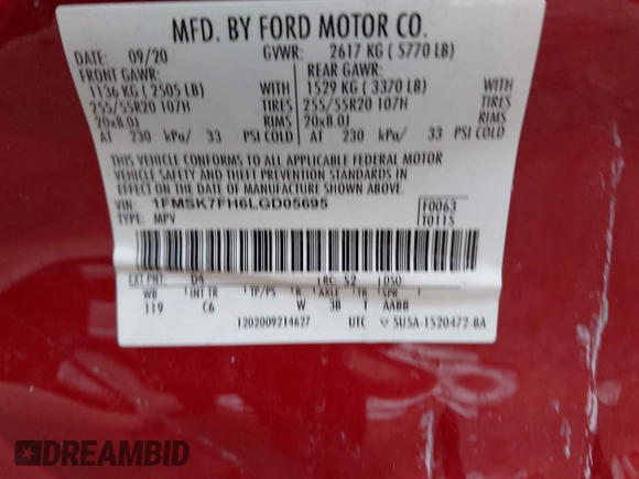 2020 Ford Explorer Limited с VIN 1FMSK7FH6LGD05695, выставлен на аукционе IAAI как лот 42165885 с пробегом 54 974 миль миль и . История ставок и продаж доступна на DreamBid. Изображение 9.