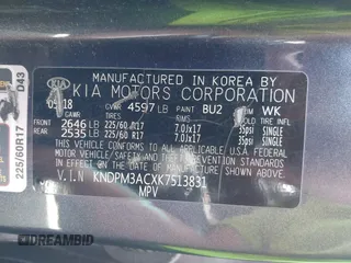 2019 Kia Sportage LX with VIN KNDPM3ACXK7513831, listed as a IAAI auction lot 41969252 with 99,388 mi miles. Bid and sale history available at carsss.com. Image 9.