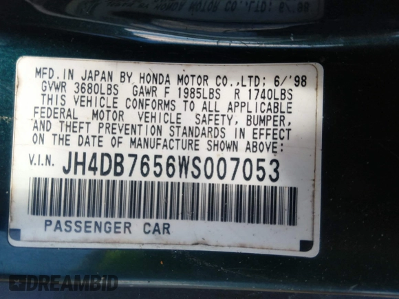 1998 Acura Integra LS с VIN JH4DB7656WS007053, выставлен на аукционе IAAI как лот 40284845 с пробегом 160 275 миль миль и . История ставок и продаж доступна на DreamBid. Изображение 9.