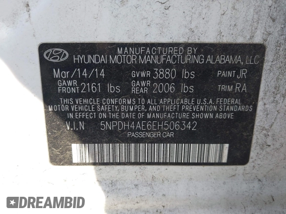 2014 Hyundai Elantra SE with VIN 5NPDH4AE6EH506342, listed as a IAAI auction lot 41913469 with 184,869 mi miles and . Bid and sale history available at DreamBid. Image 9.