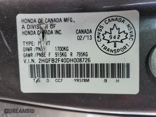 2013 Honda Civic Sdn LX with VIN 2HGFB2F40DH008726, listed as a Copart auction lot 52205165 with 310,718 mi miles and Salvage Title. Bid and sale history available at carsss.com. Image 13.