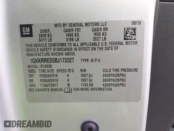 2011 GMC Acadia SLT1 with VIN 1GKKRRED0BJ172027, listed as a IAAI auction lot 42091150 with 170,436 mi miles and . Bid and sale history available at DreamBid. Image 9.
