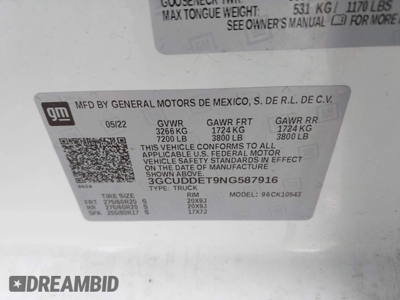 2022 Chevrolet Silverado 1500 with VIN 3GCUDDET9NG587916, listed as a IAAI auction lot 41618213 with 58,263 mi miles and . Bid and sale history available at DreamBid. Image 9.