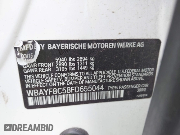 2015 BMW 7 Series 750Li xDrive with VIN WBAYF8C58FD655044, listed as a IAAI auction lot 41847227 with Not Provided miles and . Bid and sale history available at carsss.com. Image 9.