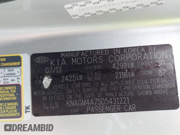 2013 Kia Optima LX z VIN KNAGM4A75D5431221, wystawiony jako IAAI lot #42244970 z przebiegiem 138 157 mil mil oraz . Historia ofert i sprzedaży dostępna na DreamBid. Obrazek 9.