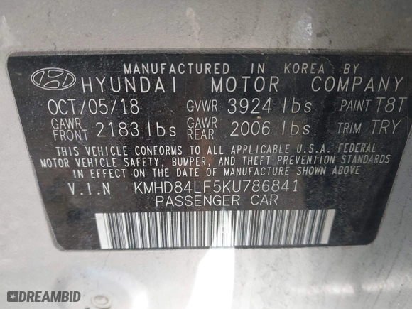 2019 Hyundai Elantra Preferred with VIN KMHD84LF5KU786841, listed as a IAAI auction lot 41988656 with 41,580 mi miles. Bid and sale history available at carsss.com. Image 9.