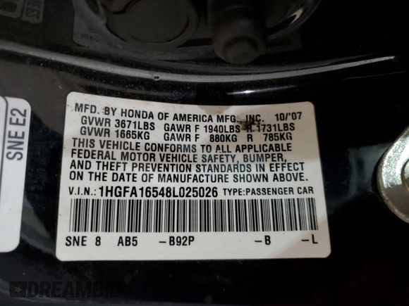 2008 Honda Civic LX with VIN 1HGFA16548L025026, listed as a Copart auction lot 53127385 with 178,182 mi miles and Salvage Title. Bid and sale history available at DreamBid. Image 12.