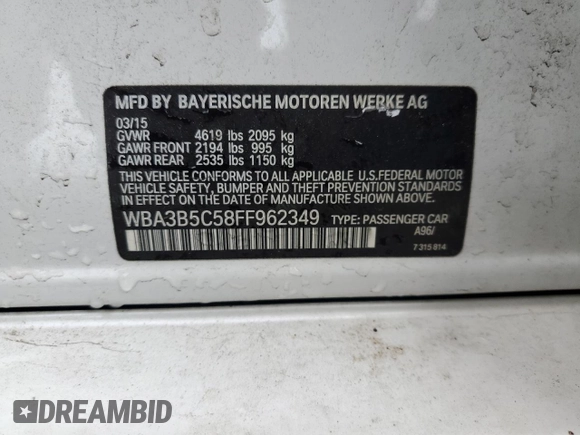 2015 BMW 3 Series 328i xDrive z VIN WBA3B5C58FF962349, wystawiony jako Copart lot #57856995 z przebiegiem 74 821 mil mil oraz Szkoda całkowita • Salvage title. Historia ofert i sprzedaży dostępna na DreamBid. Obrazek 12.