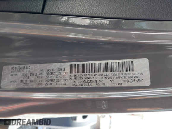 2019 Jeep Wrangler Unlimited Sport Altitude with VIN 1C4HJXDG3KW639148, listed as a IAAI auction lot 41933844 with 57,184 mi miles and . Bid and sale history available at DreamBid. Image 9.