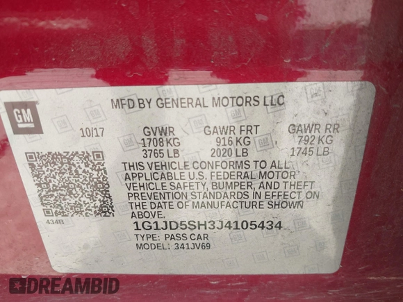 2018 Chevrolet Sonic LT with VIN 1G1JD5SH3J4105434, listed as a IAAI auction lot 41992626 with 79,843 mi miles and . Bid and sale history available at DreamBid. Image 9.