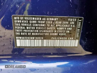 2022 Volkswagen GTI с VIN WVW387CD2NW196928, выставлен на аукционе Copart как лот 57585045 с пробегом 21 338 миль миль и Списание • Salvage title. История ставок и продаж доступна на DreamBid. Изображение 12.