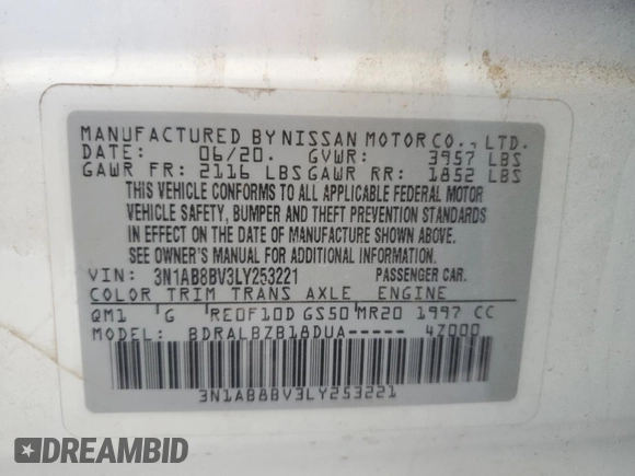 2020 Nissan Sentra S with VIN 3N1AB8BV3LY253221, listed as a Copart auction lot 87186584 with 41,380 mi miles and Salvage Title. Bid and sale history available at DreamBid. Image 12.