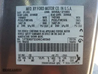2003 Ford F-150 XL with VIN 1FTRX07233KC40260, listed as a Copart auction lot 78007404 with 85,222 mi miles and Salvage Title. Bid and sale history available at carsss.com. Image 12.