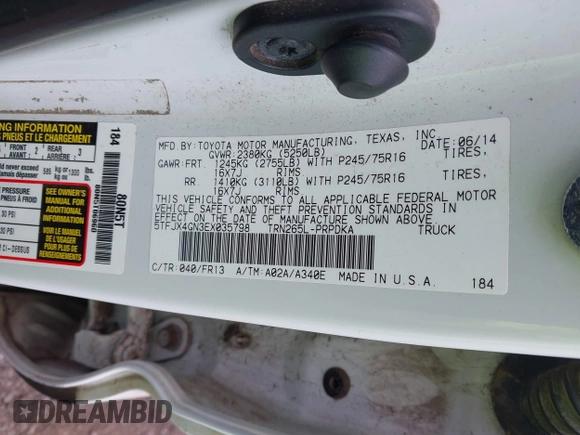 2014 Toyota Tacoma PreRunner с VIN 5TFJX4GN3EX035798, выставлен на аукционе IAAI как лот 42079126 с пробегом 164 700 миль миль и . История ставок и продаж доступна на DreamBid. Изображение 9.