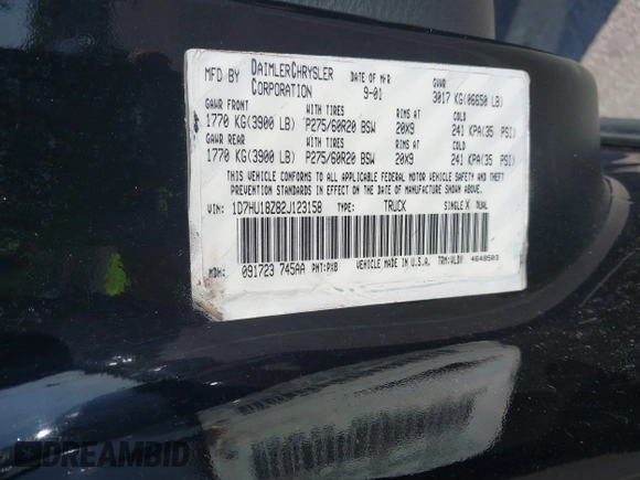 2002 Dodge 1500 with VIN 1D7HU18Z82J123158, listed as a IAAI auction lot 42196340 with 231,681 mi miles and . Bid and sale history available at carsss.com. Image 9.
