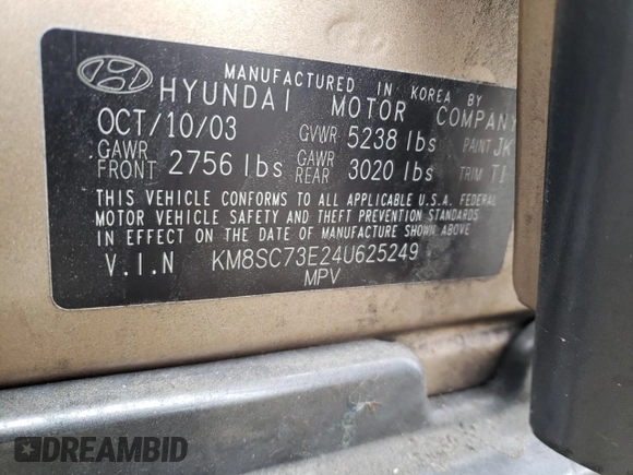 2004 Hyundai Santa Fe GLS with VIN KM8SC73E24U625249, listed as a Copart auction lot 76717254 with 173,092 mi miles and Salvage Title. Bid and sale history available at carsss.com. Image 13.