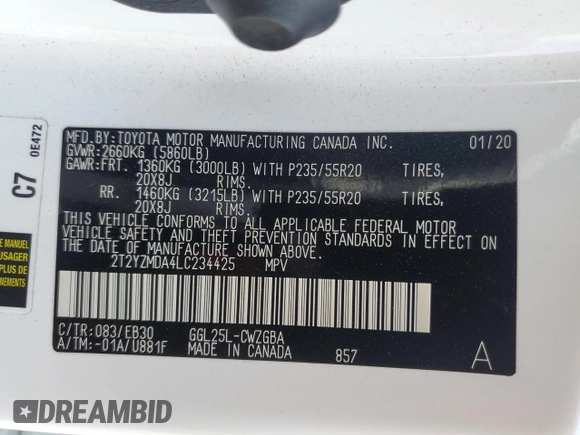 2020 Lexus RX 350 F Sport Performance with VIN 2T2YZMDA4LC234425, listed as a Copart auction lot 50831835 with 20,083 mi miles and Salvage title. Bid and sale history available at DreamBid. Image 13.