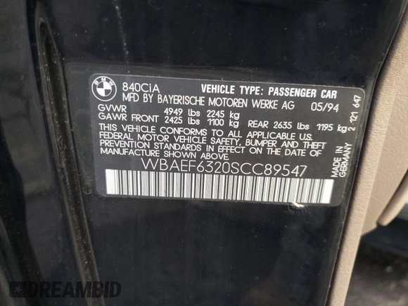 1995 BMW 8 Series z VIN WBAEF6320SCC89547, wystawiony jako Copart lot #86168634 z przebiegiem 93 256 mil mil oraz Czysty tytuł • Clean title. Historia ofert i sprzedaży dostępna na DreamBid. Obrazek 12.