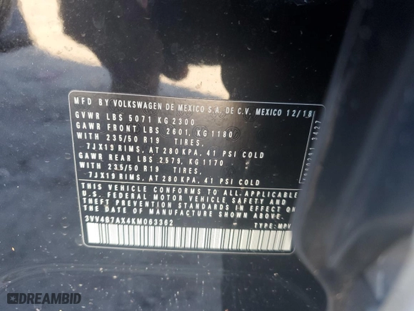 2019 Volkswagen Tiguan SEL Premium with VIN 3VV4B7AX4KM063362, listed as a Copart auction lot 48577755 with 93,927 mi miles and Salvage Title. Bid and sale history available at carsss.com. Image 13.