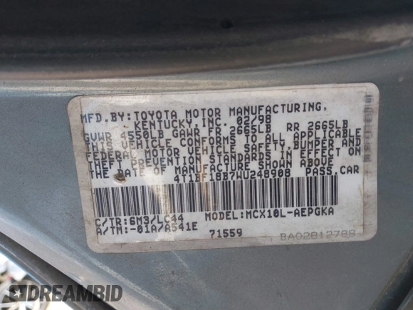 1998 Toyota Avalon XL with VIN 4T1BF18B7WU248908, listed as a IAAI auction lot 41600517 with 227,354 mi miles and . Bid and sale history available at DreamBid. Image 9.
