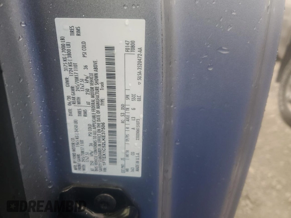 2020 Ford F-150 XL with VIN 1FTEX1C52LKE37506, listed as a Copart auction lot 50596575 with 75,648 mi miles and Salvage Title. Bid and sale history available at DreamBid. Image 12.