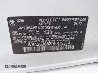 2013 BMW 3 Series 328i xDrive with VIN WBA3B3G53DNR79514, listed as a IAAI auction lot 41662949 with 104,125 mi miles. Bid and sale history available at carsss.com. Image 9.