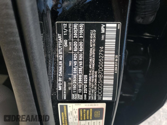 2013 Mercedes-Benz GLK 350 with VIN WDCGG5HB7DG052794, listed as a Copart auction lot 55936625 with 81,892 mi miles and Salvage Title. Bid and sale history available at DreamBid. Image 13.