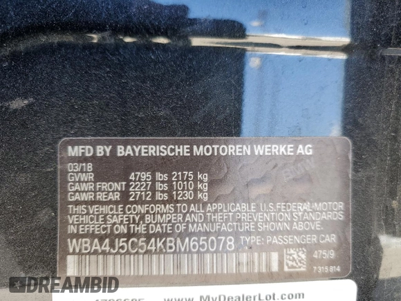 2019 BMW 4 Series 440i z VIN WBA4J5C54KBM65078, wystawiony jako Copart lot #87124254 z przebiegiem 40 455 mil mil oraz Szkoda całkowita • Salvage title. Historia ofert i sprzedaży dostępna na DreamBid. Obrazek 14.