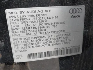 2012 Audi Q7 3.0T S line with VIN WA1DGAFEXCD003968, listed as a IAAI auction lot 42045370 with 145,365 mi miles. Bid and sale history available at carsss.com. Image 9.