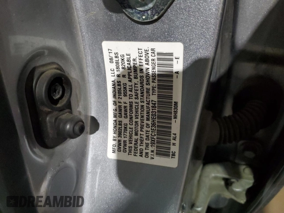 2017 Honda Civic EX-T with VIN 19XFC1E36HE031847, listed as a Copart auction lot 83383114 with 200,502 mi miles and Salvage Title. Bid and sale history available at DreamBid. Image 12.
