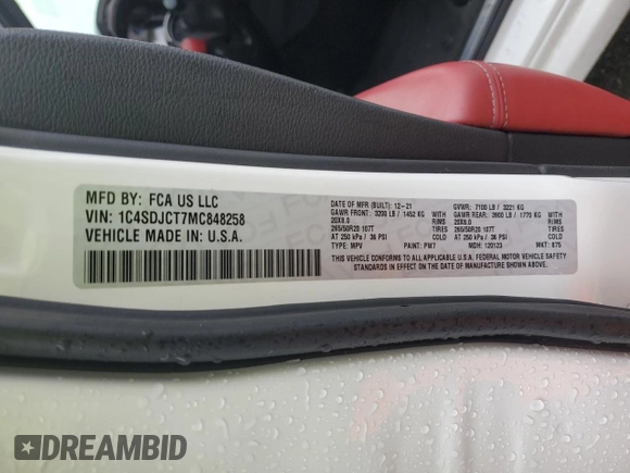 2021 Dodge Durango R/T z VIN 1C4SDJCT7MC848258, wystawiony jako Copart lot #48973495 z przebiegiem 33 195 mil mil oraz Szkoda całkowita • Salvage title. Historia ofert i sprzedaży dostępna na DreamBid. Obrazek 14.