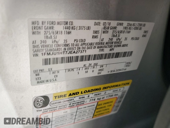 2018 Ford Expedition XLT z VIN 1FMJU1HT7JEA27371, wystawiony jako Copart lot #49544585 z przebiegiem 81 151 mil mil oraz Szkoda całkowita • Salvage title. Historia ofert i sprzedaży dostępna na DreamBid. Obrazek 15.