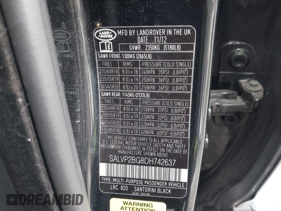 2013 Land Rover Range Rover Evoque Pure Plus with VIN SALVP2BG8DH742637, listed as a IAAI auction lot 42532510 with 65,467 mi miles and . Bid and sale history available at DreamBid. Image 9.