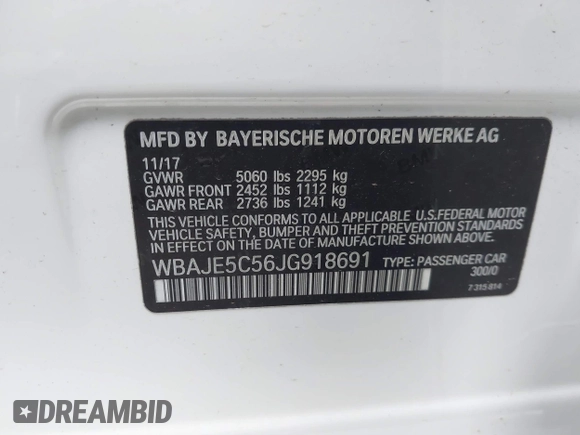 2018 BMW 5 Series 540i with VIN WBAJE5C56JG918691, listed as a IAAI auction lot 41608360 with 46,799 mi miles and . Bid and sale history available at carsss.com. Image 9.