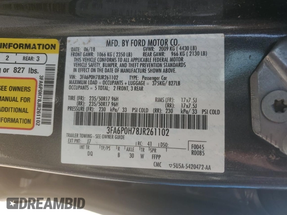 2018 Ford Fusion SE z VIN 3FA6P0H78JR261102, wystawiony jako Copart lot #69963883 z przebiegiem 120 068 mil mil oraz Czysty tytuł • Clean title. Historia ofert i sprzedaży dostępna na DreamBid. Obrazek 12.